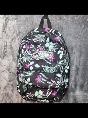Vans Black Floral Backpack with Mint and Purple Accents